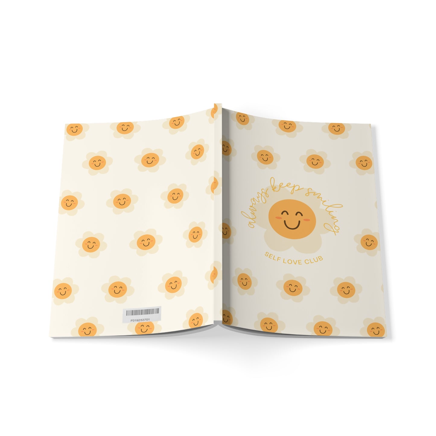 Open book with happy flower face pattern on white background