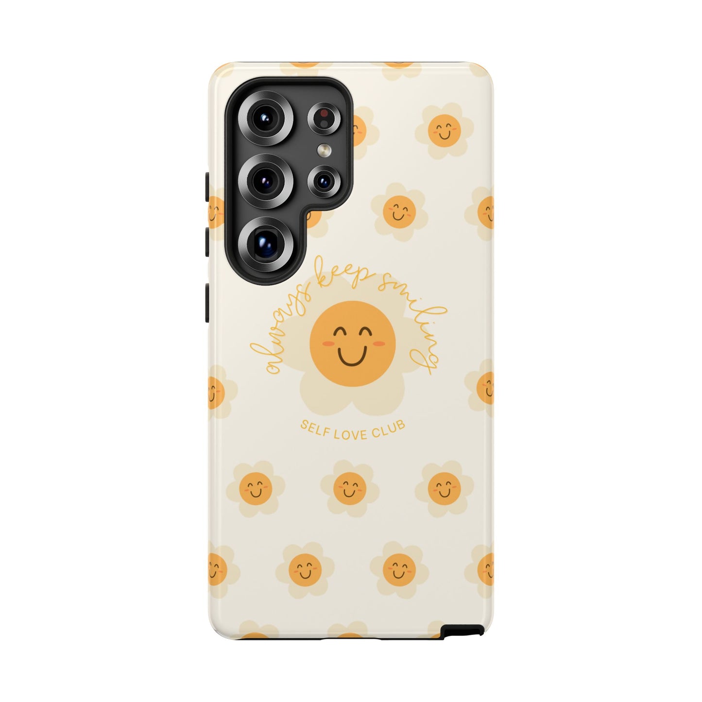 Phone case with happy flower face design and text on a white background