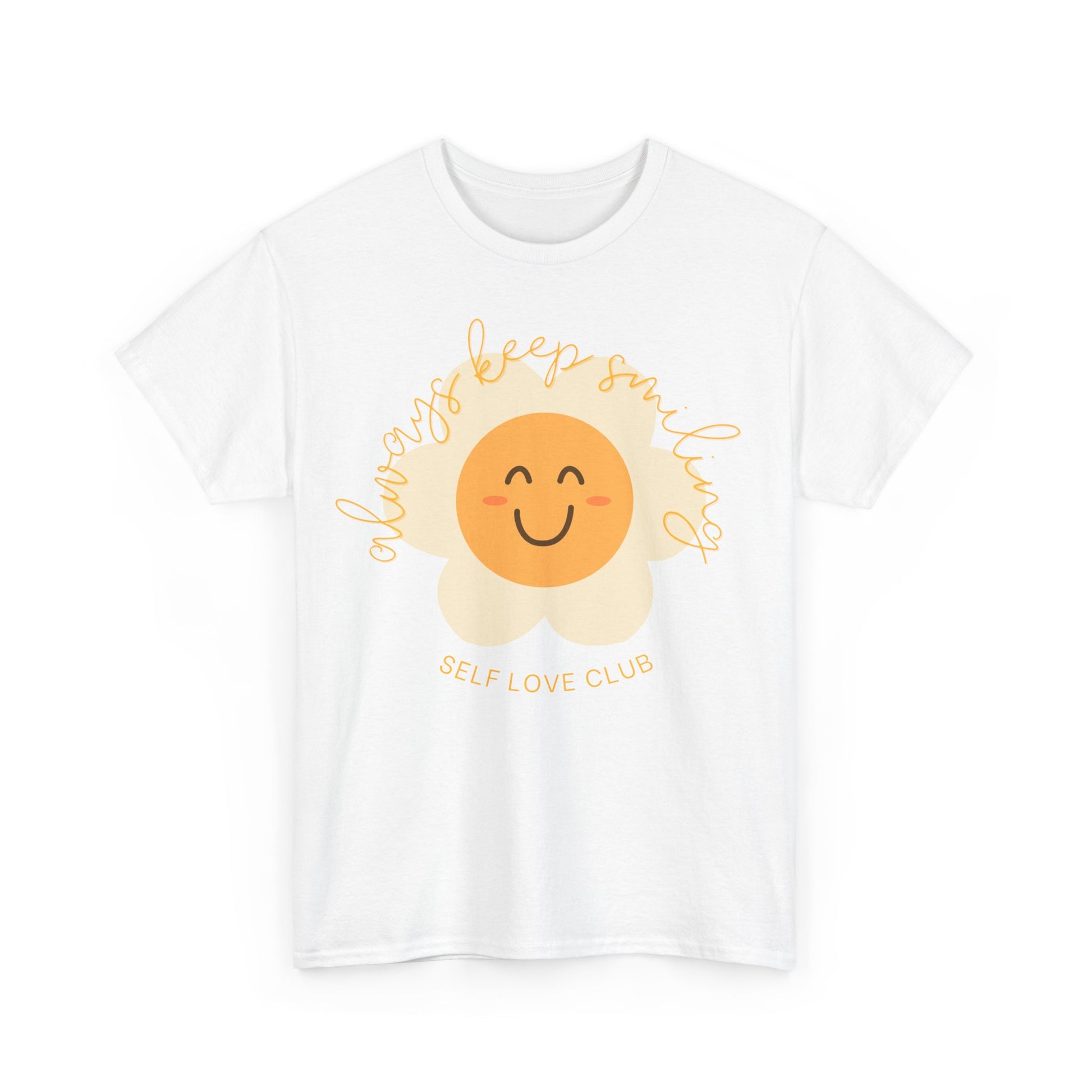 White t-shirt with a flower graphic and 'Self Love Club' text on a white background