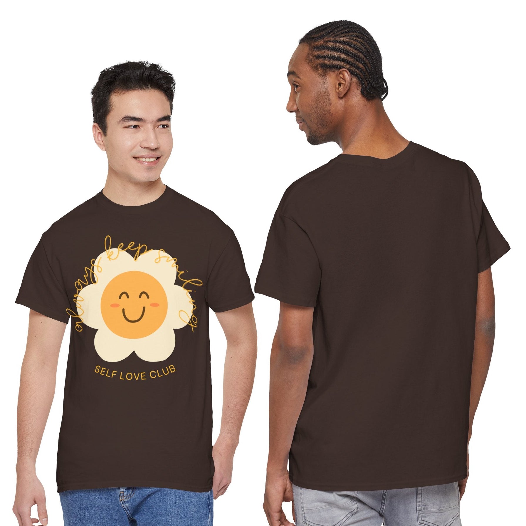 Two people wearing a brown t-shirt with a flower graphic and text.