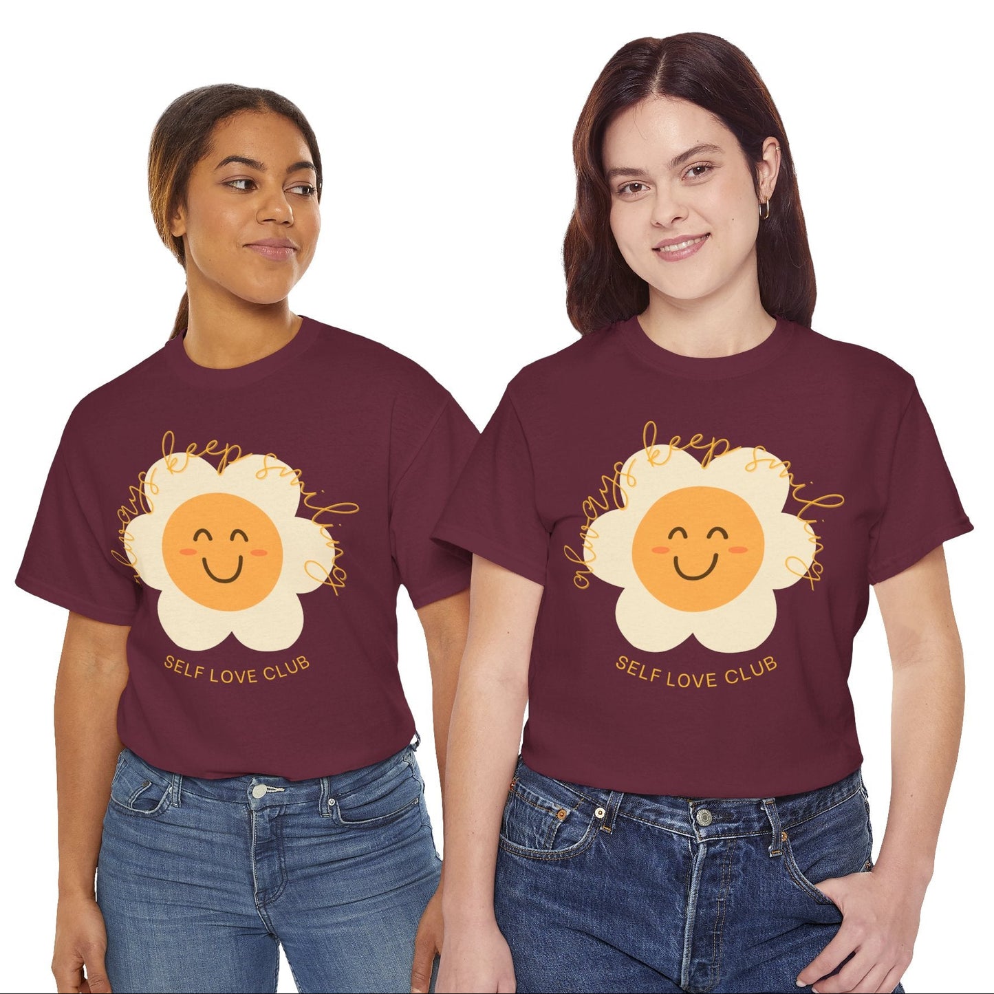 Two people wearing maroon t-shirts with a flower design and 'Self Love Club' text on a white background.