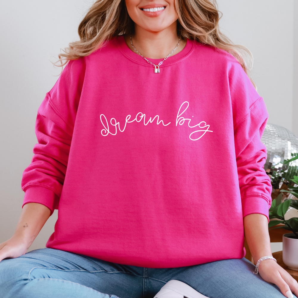 Person wearing a pink sweatshirt with 'Dream Big' text, sitting indoors.