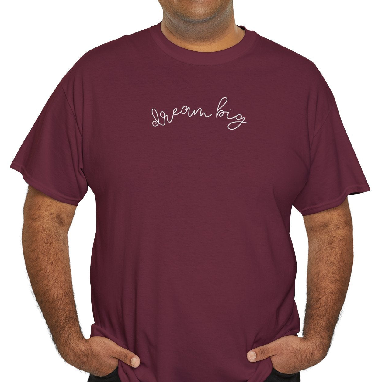 Man wearing a maroon t-shirt with text on a white background