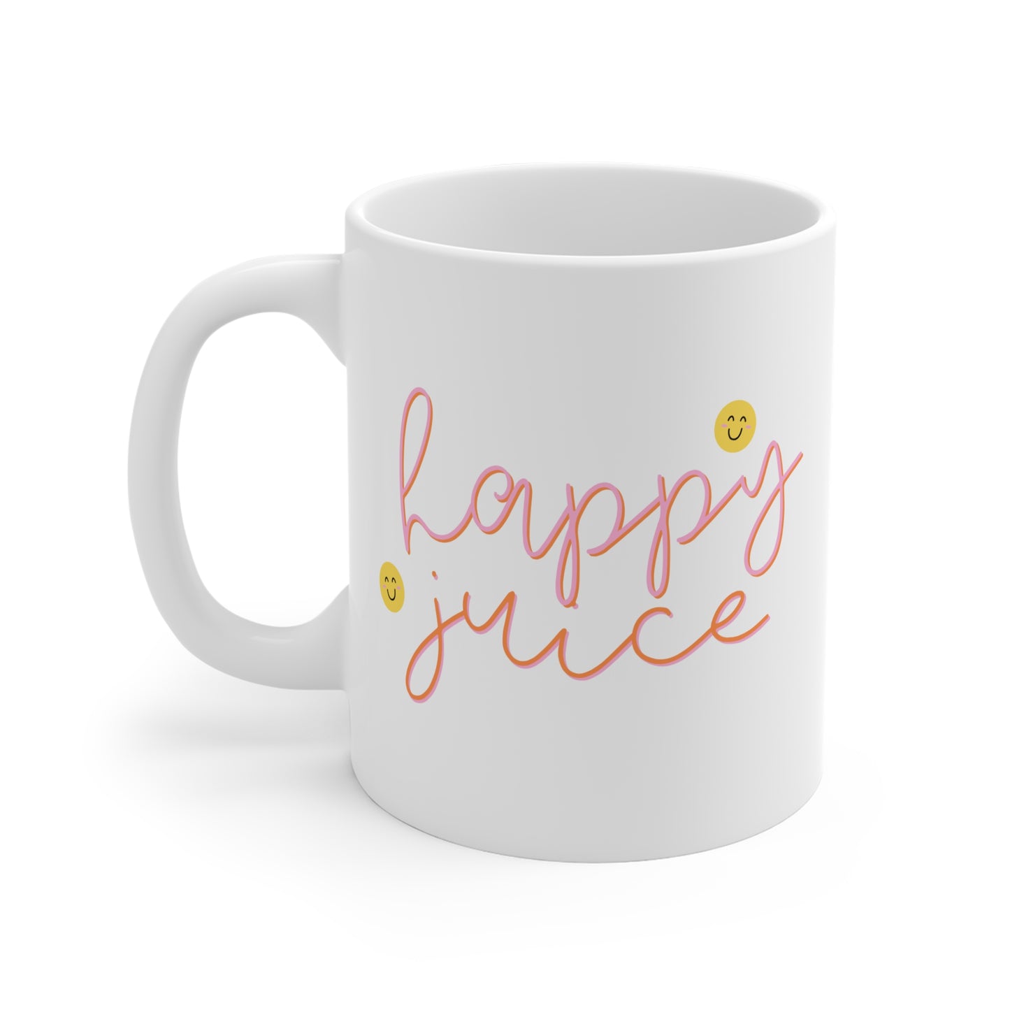 White mug with 'Happy Juice' text on a white background