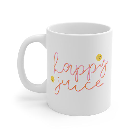 White mug with 'Happy Juice' text on a white background