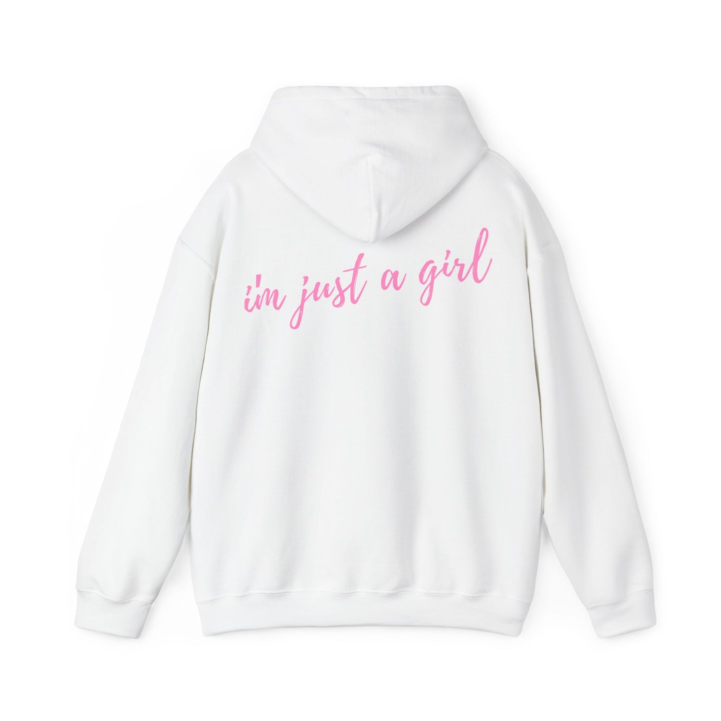 White hoodie with pink text 'i'm just a girl' on the back against a white background