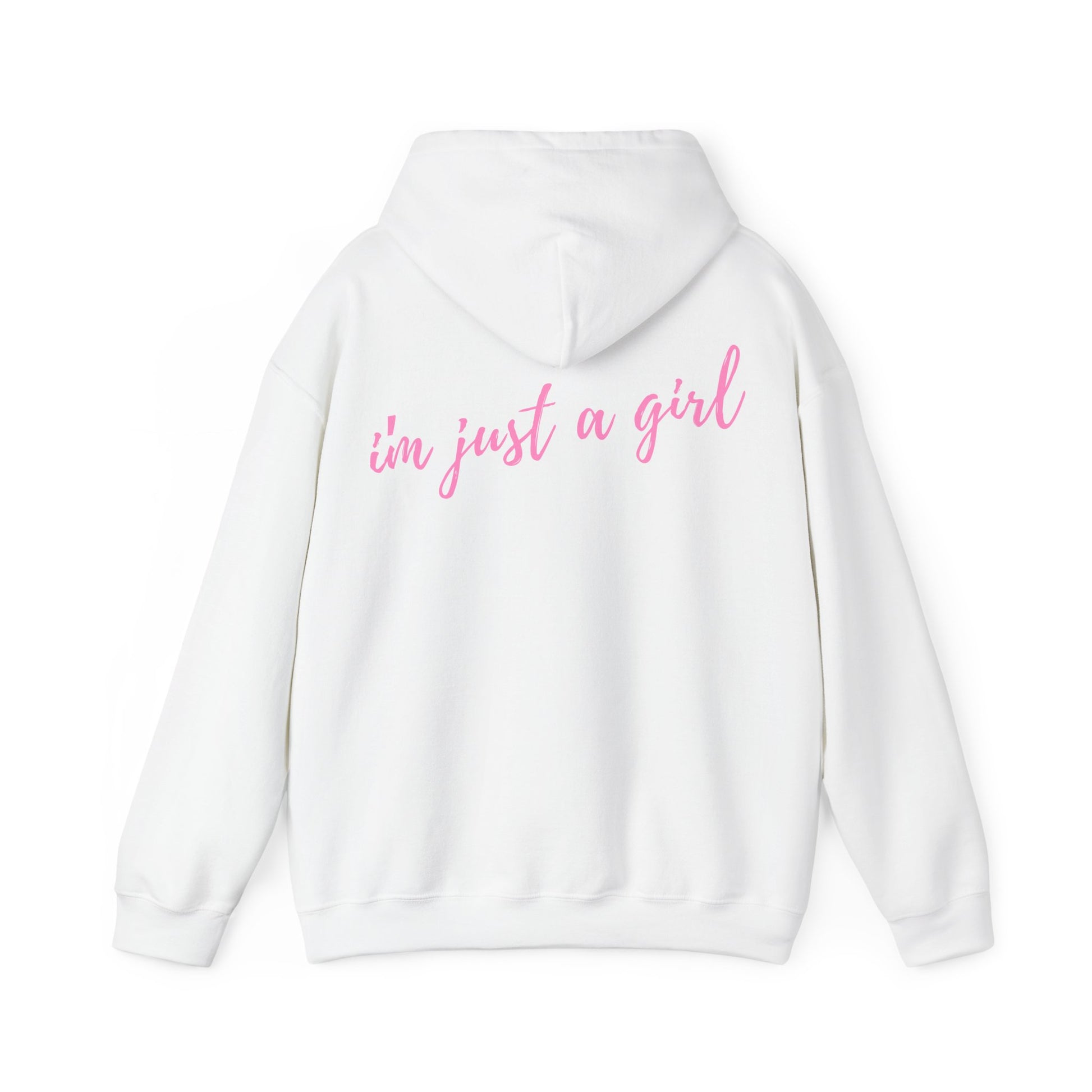 White hoodie with pink text 'i'm just a girl' on the back against a white background