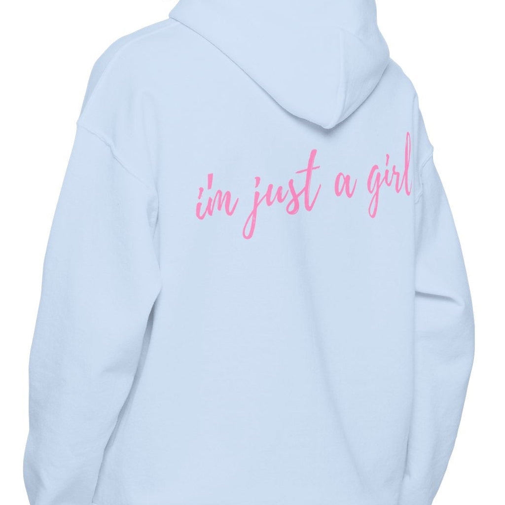 Person wearing a light blue hoodie with text on the back, standing against a white background