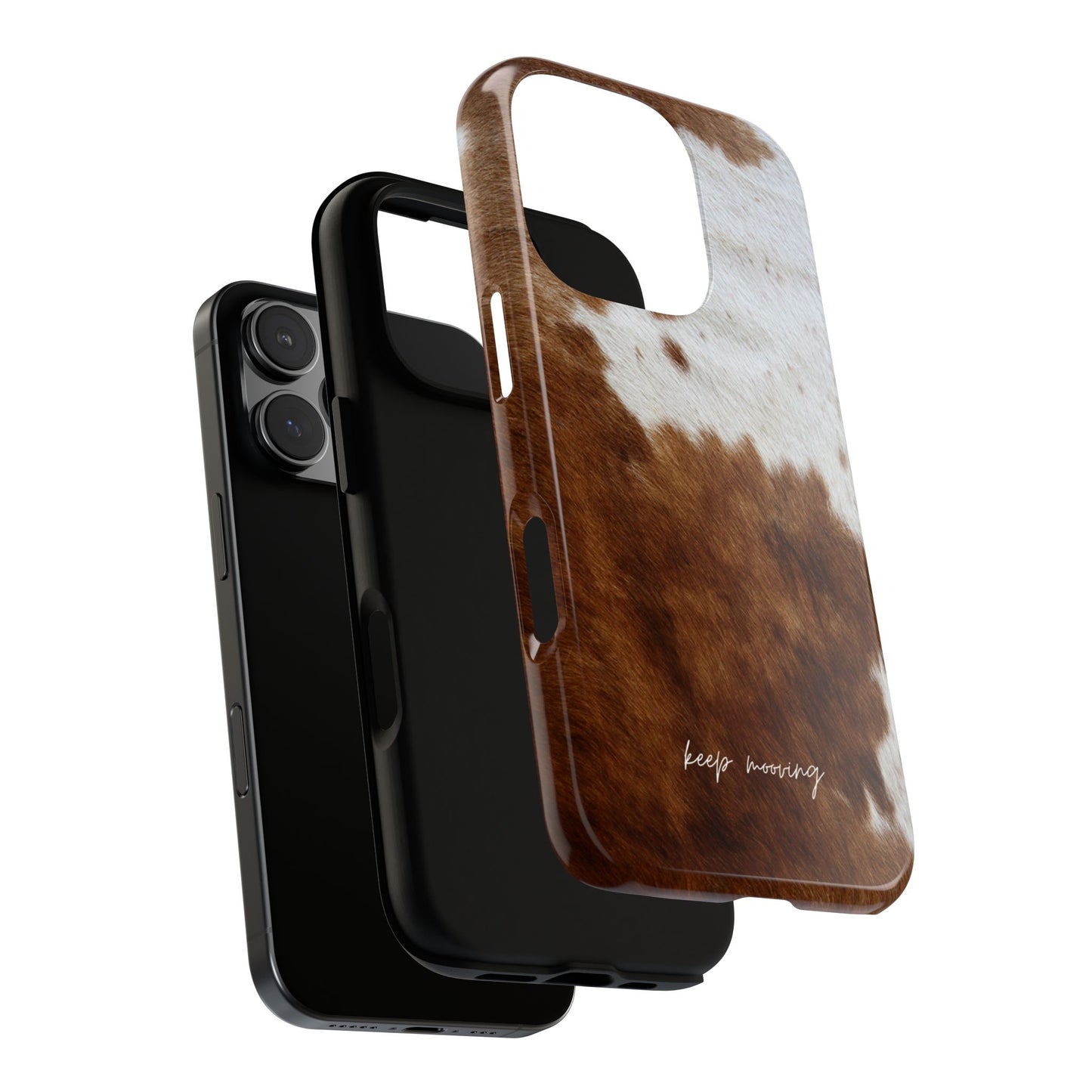 Phone case with cow print design and 'keep moving' text on a white background