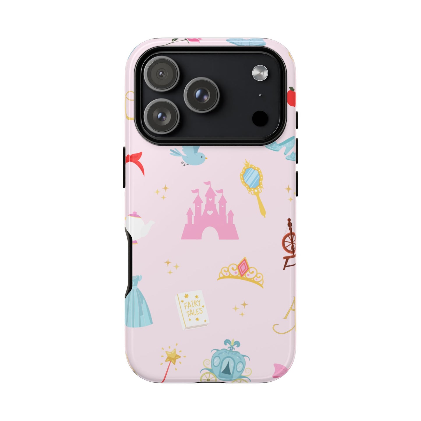 Phone case with princess-themed design on a pink background