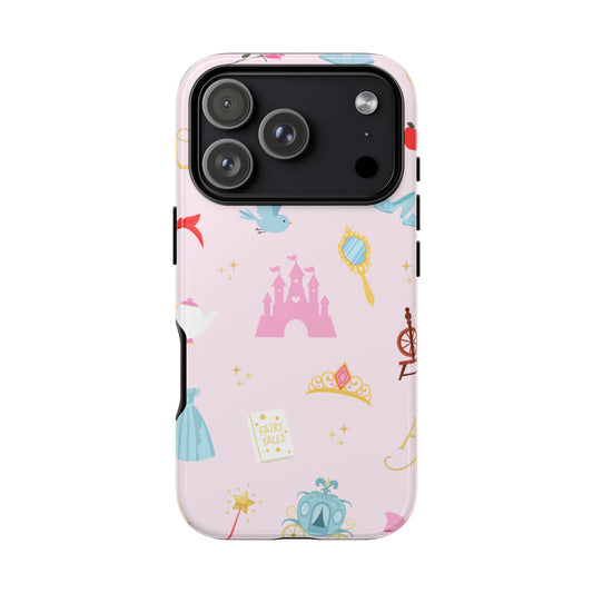 Phone case with princess-themed design on a pink background