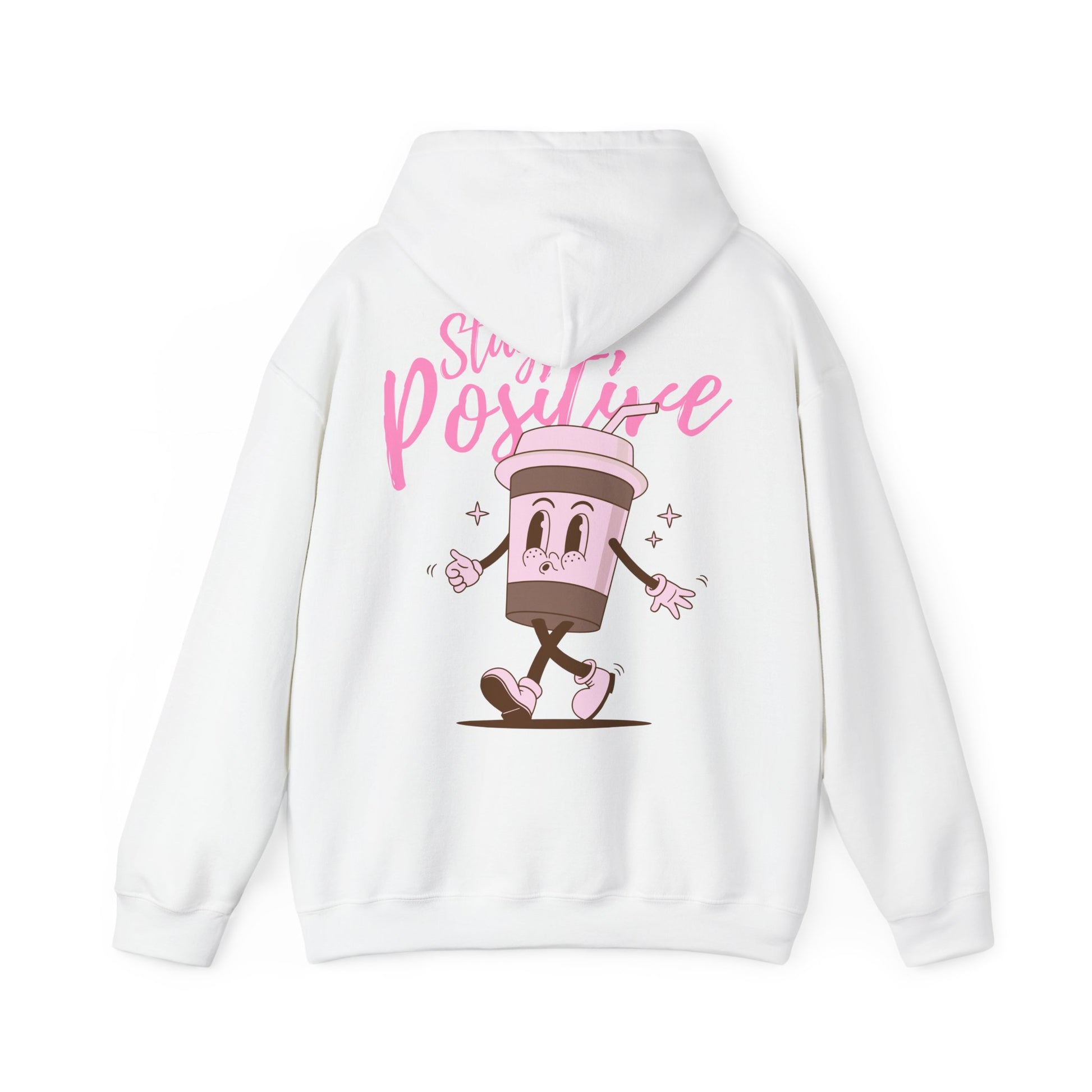 White hoodie with a cartoon cup and 'Stay Positive' text on the back against a white background