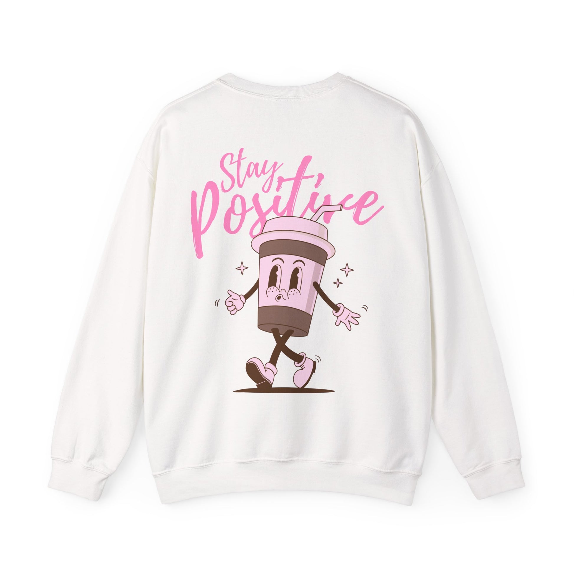 White sweatshirt with a cartoon character and 'Stay Positive' text on a white background
