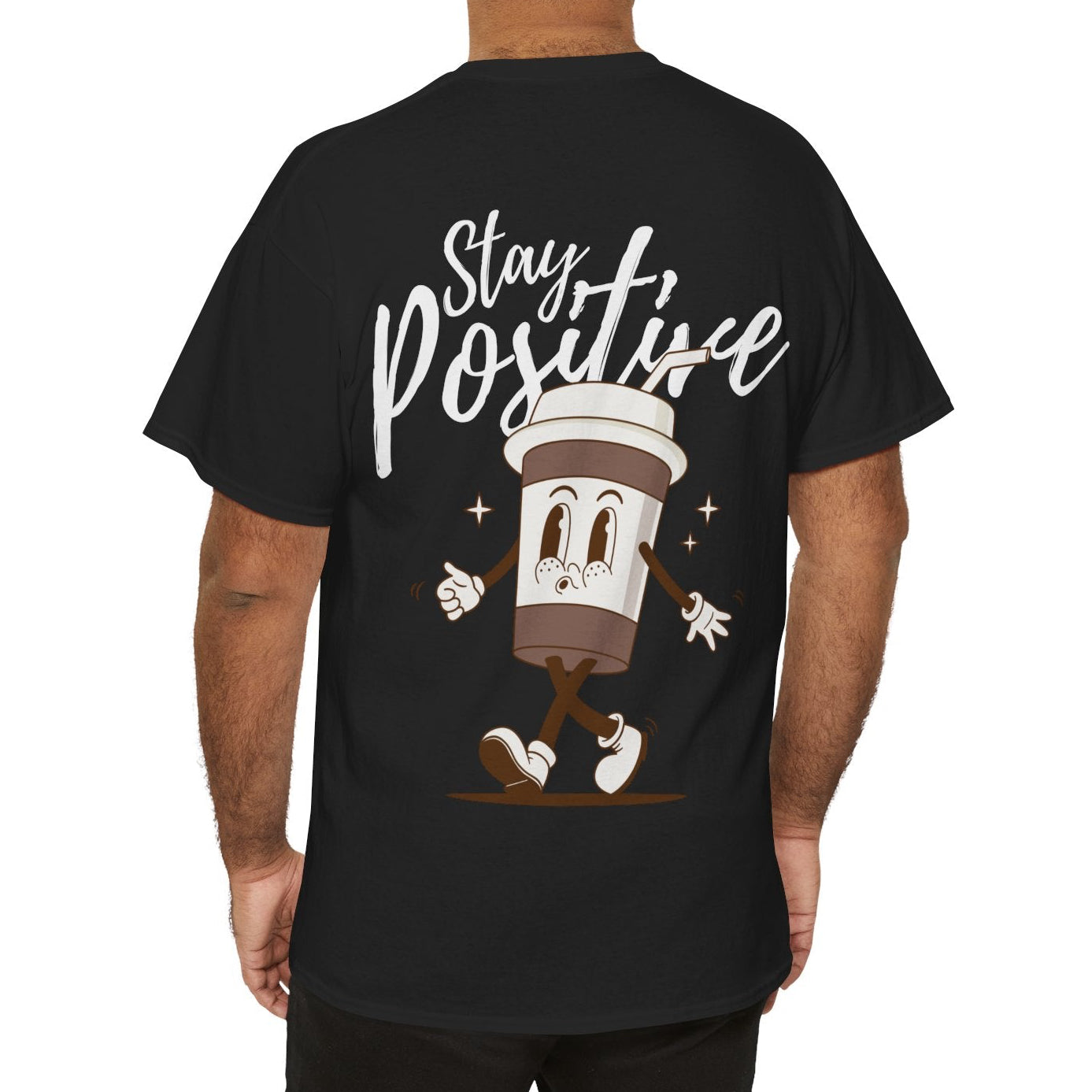 Person wearing a black t-shirt with a cartoon character and 'Stay Positive' text on the back.