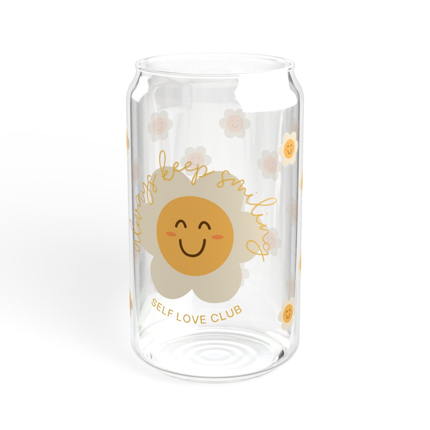 Clear glass tumbler with a happy flower design and 'Self Love Club' text on a white background
