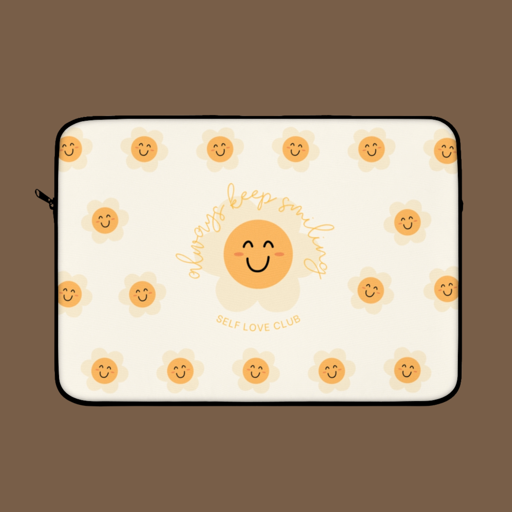 Laptop sleeve with happy flower face pattern and 'Self Love Club' text on a brown background