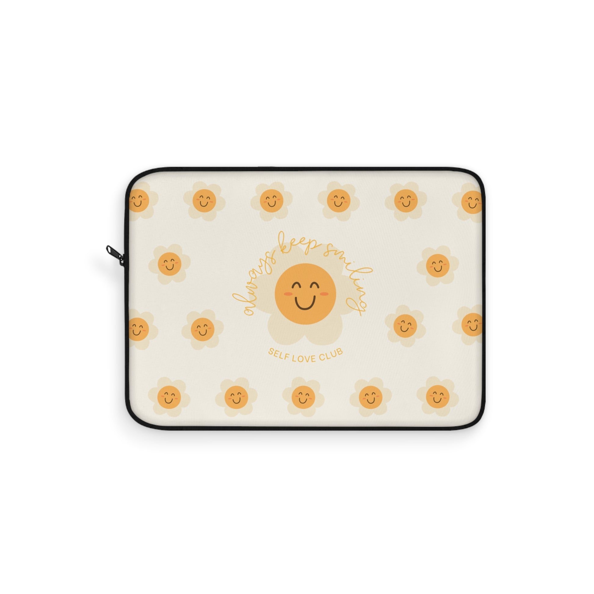 Laptop sleeve with happy flower face pattern and text on a white background
