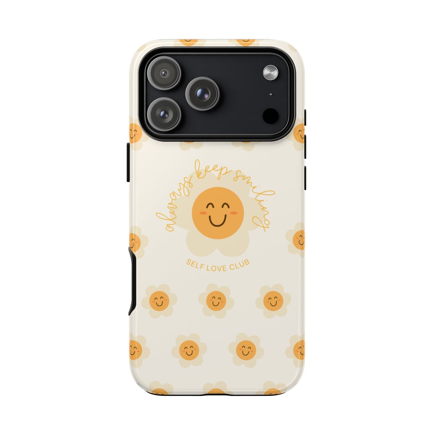 Phone case with happy flower face design on a white background