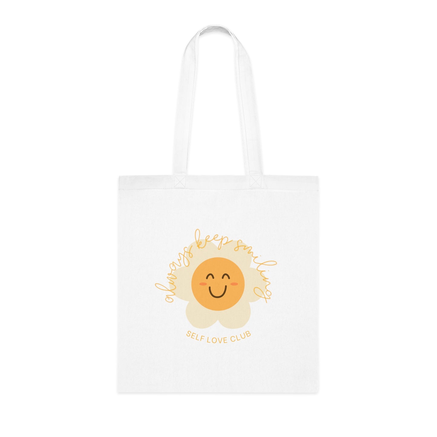 White tote bag with a sunflower design and 'Self Love Club' text on a white background