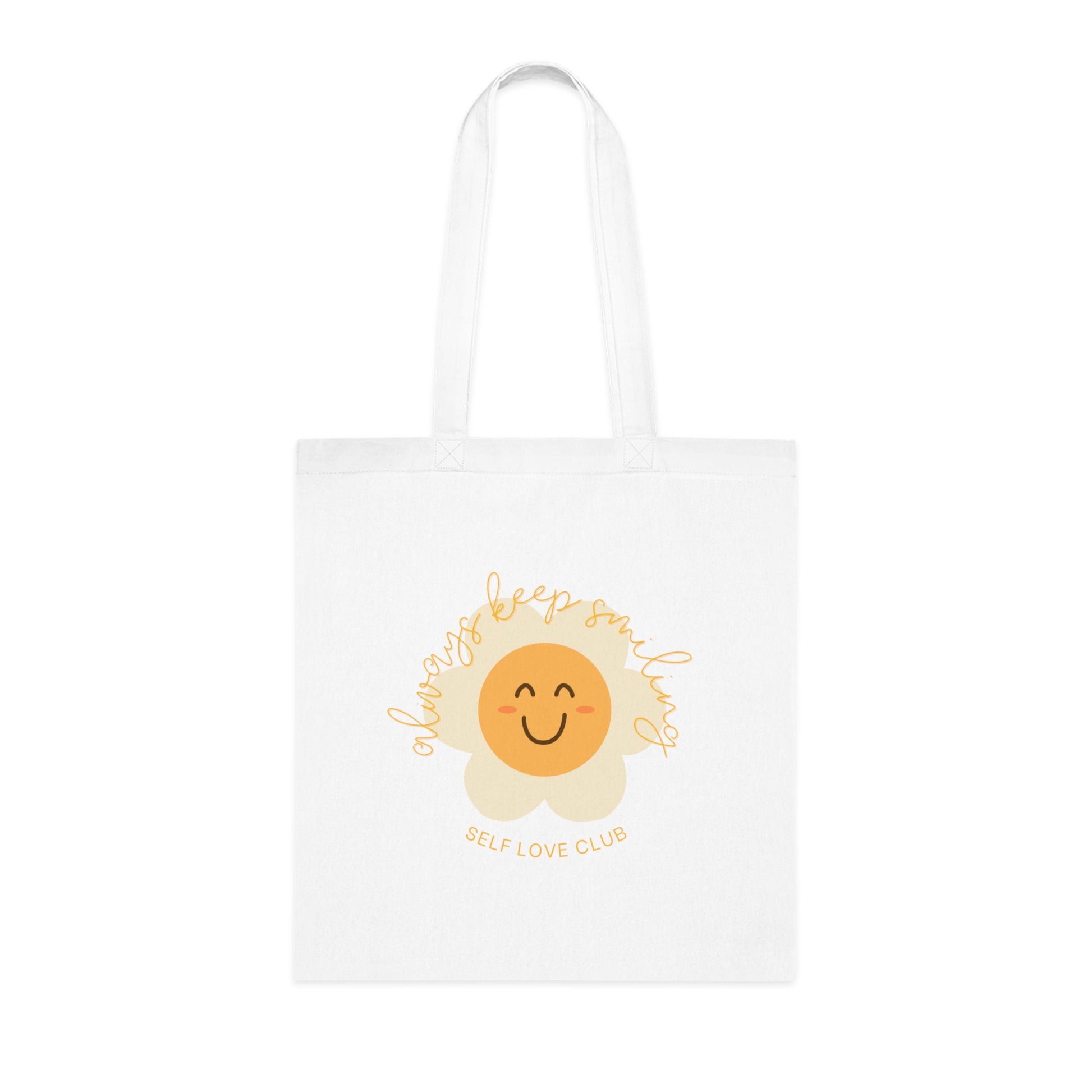 White tote bag with a sunflower design and 'Self Love Club' text on a white background