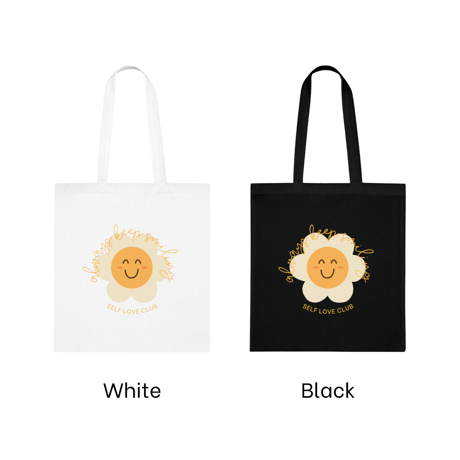 White and black tote bags with a happy flower design and 'Self Love Club' text.