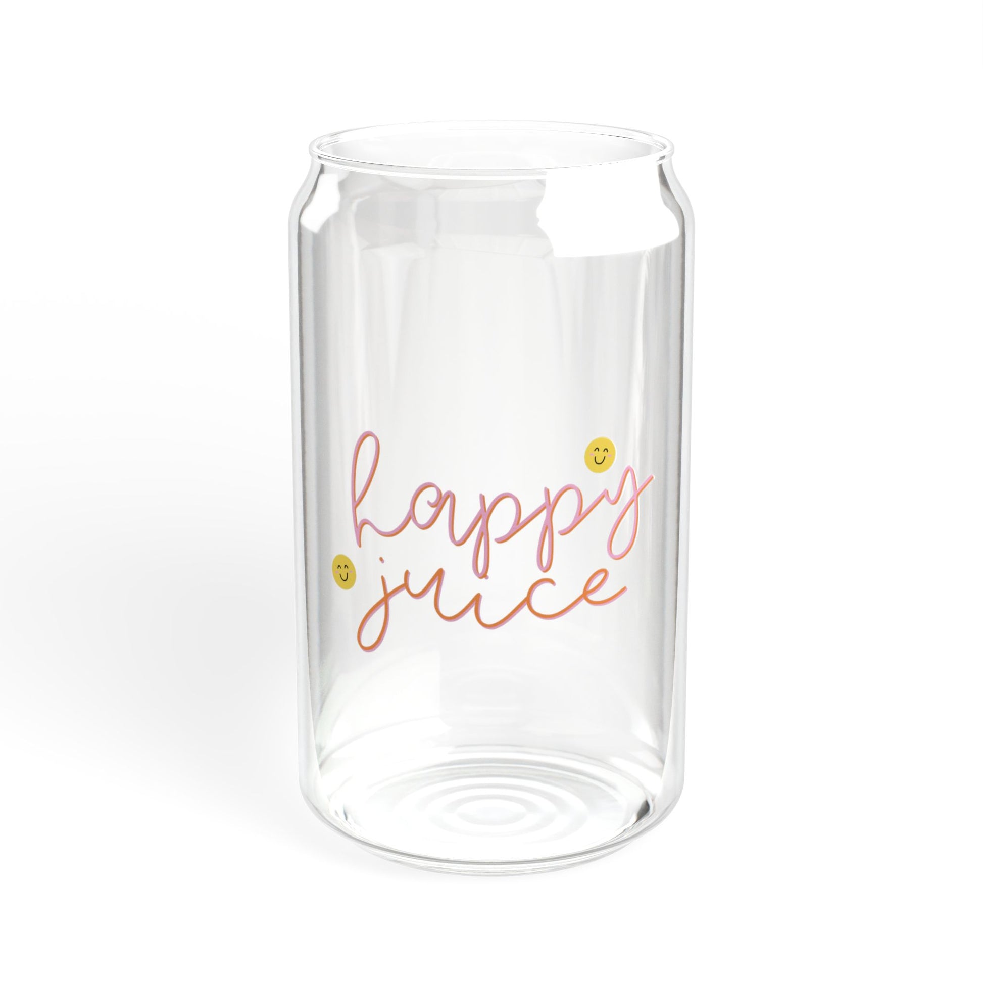 Clear glass with 'happy juice' text on a white background