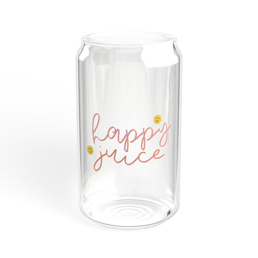 Clear glass with 'happy juice' text on a white background
