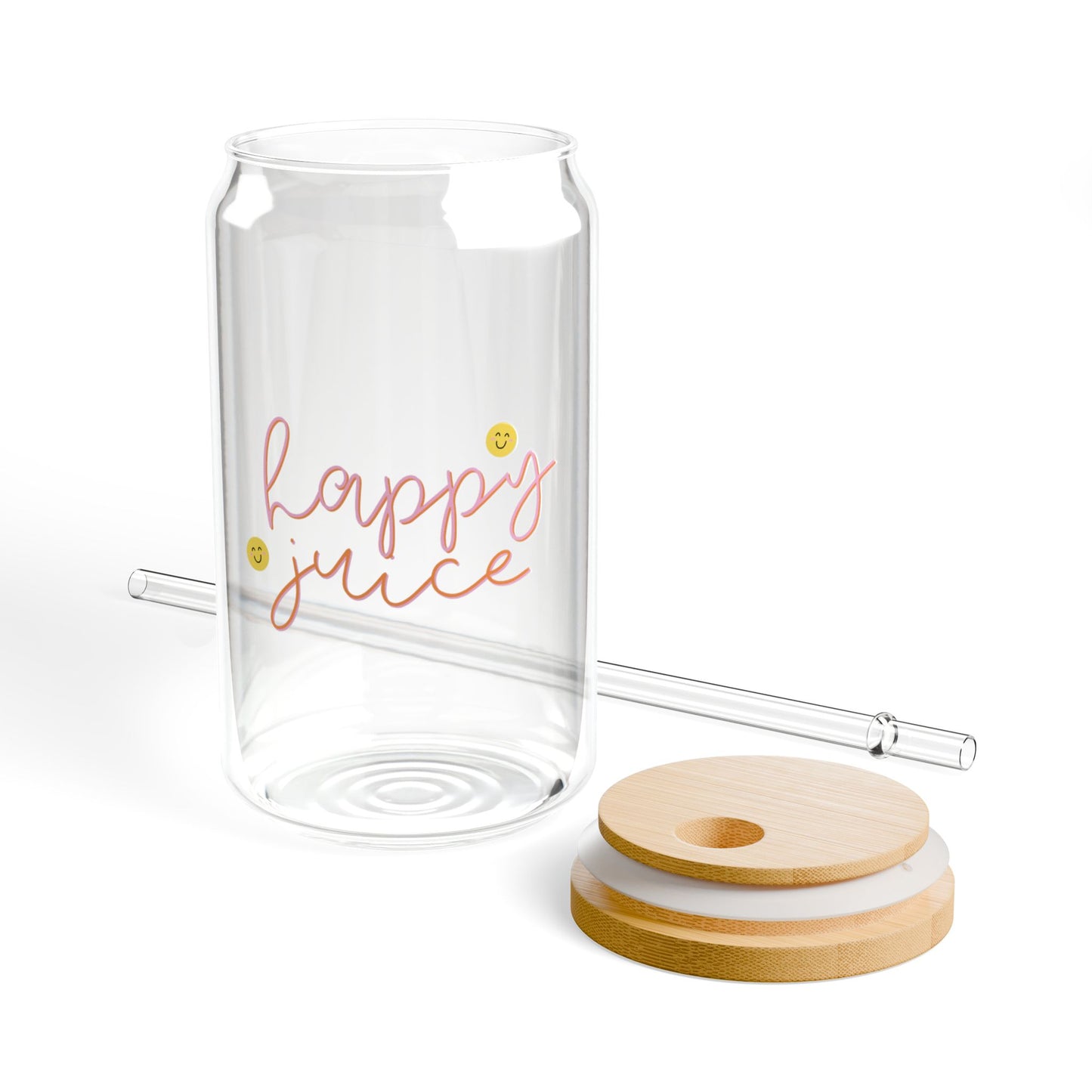 Clear glass drink container with 'happy juice' text, glass straw, and wooden coasters on a white background