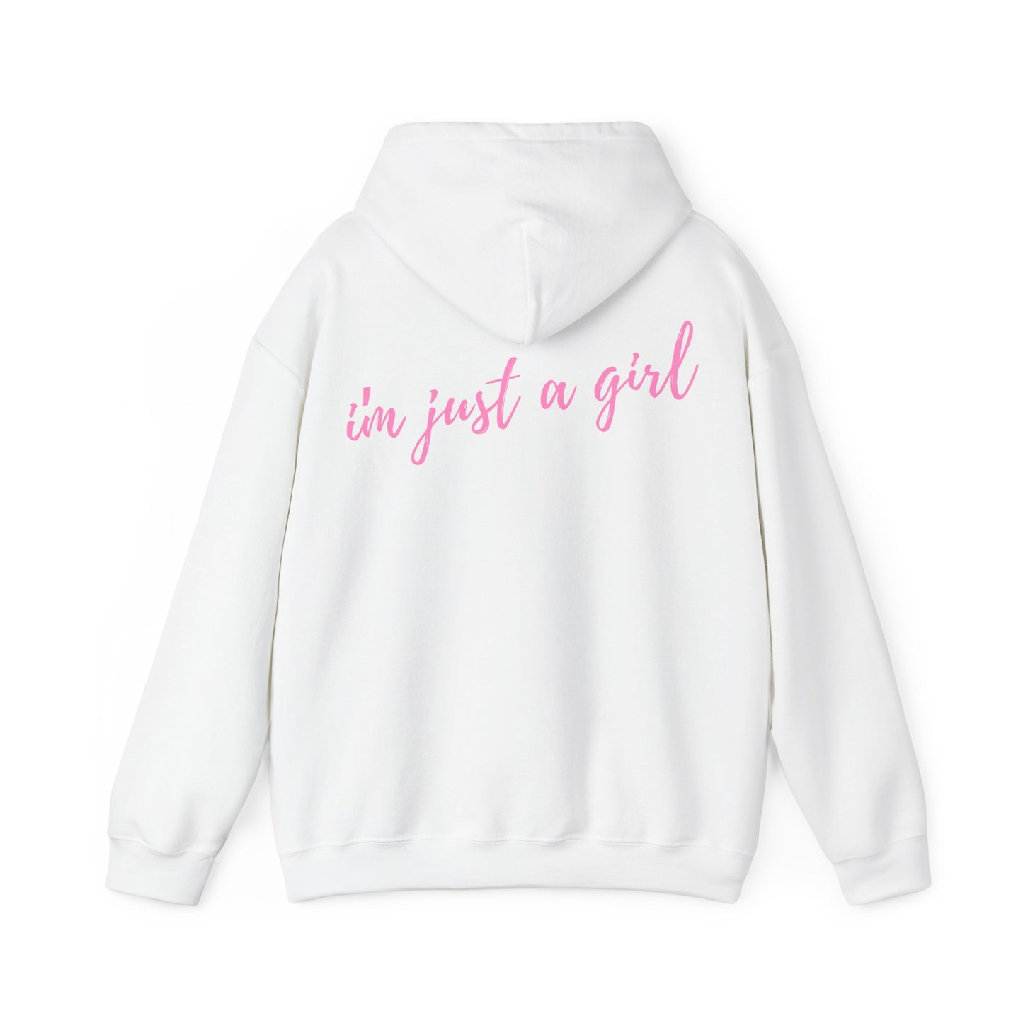 White hoodie with pink text 'i'm just a girl' on the back against a white background