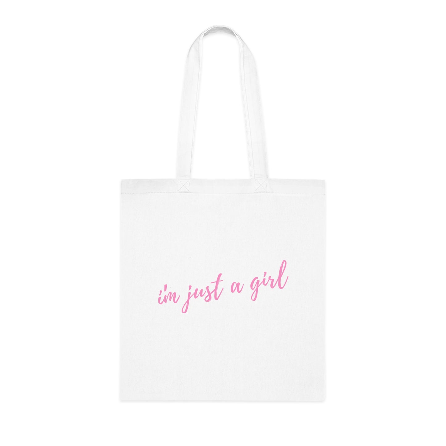 White tote bag with 'i'm just a girl' text in pink on a white background