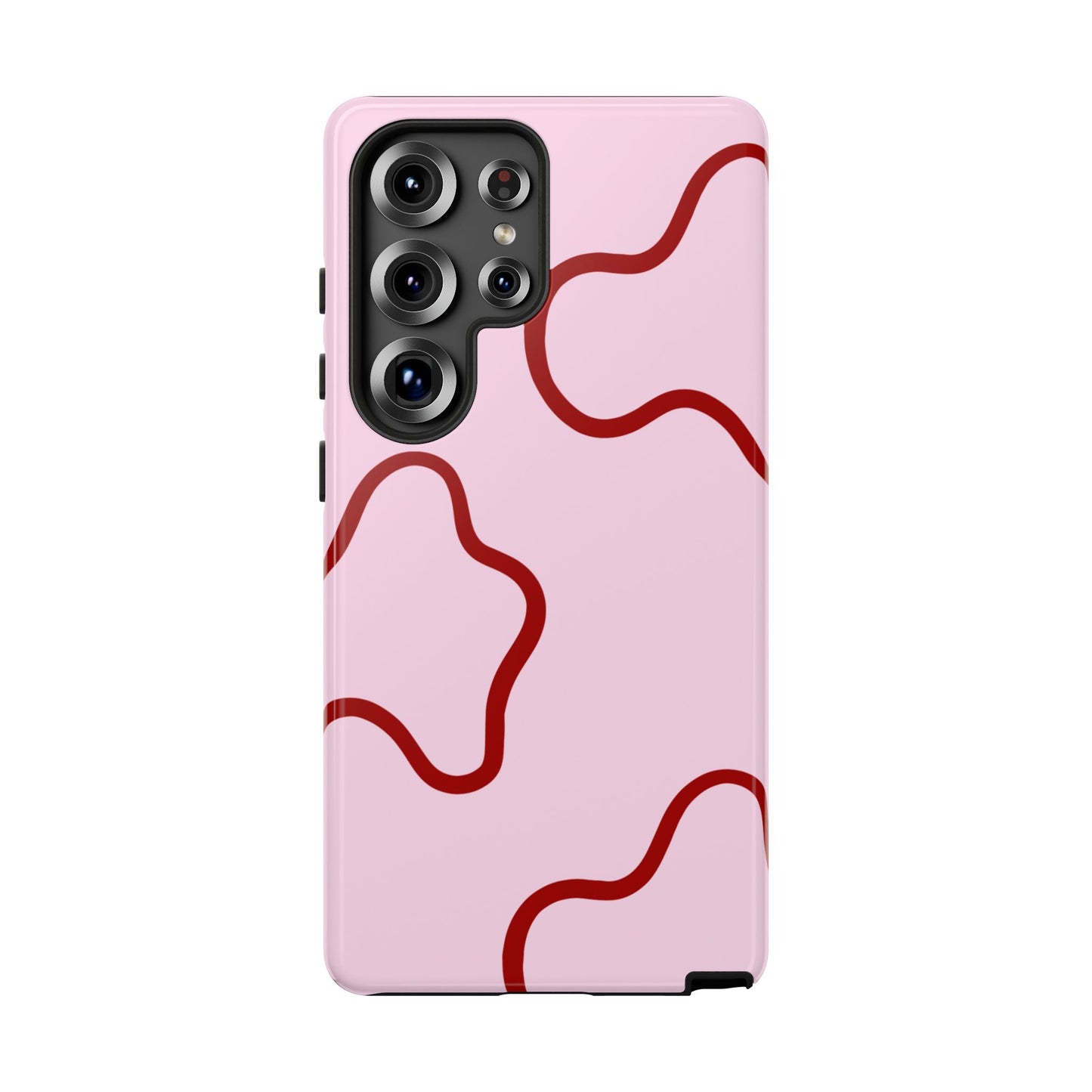 Phone case with red abstract patterns on a pink background